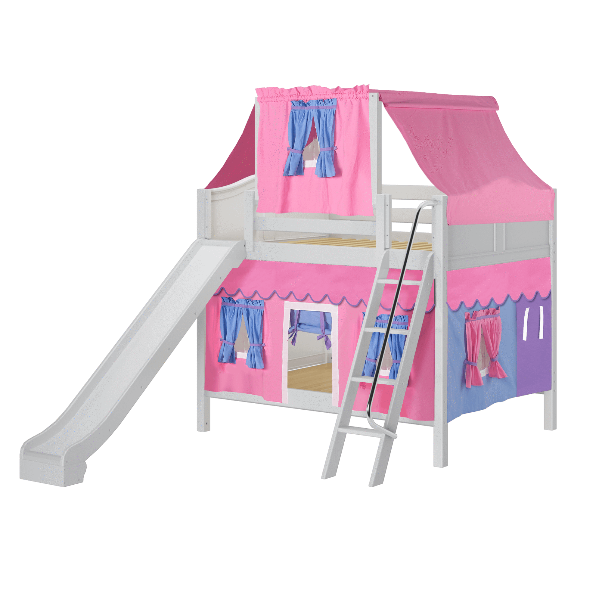 Maxtrix Full Medium Bunk Bed with Angled Ladder, Curtain, Top Tent + Slide