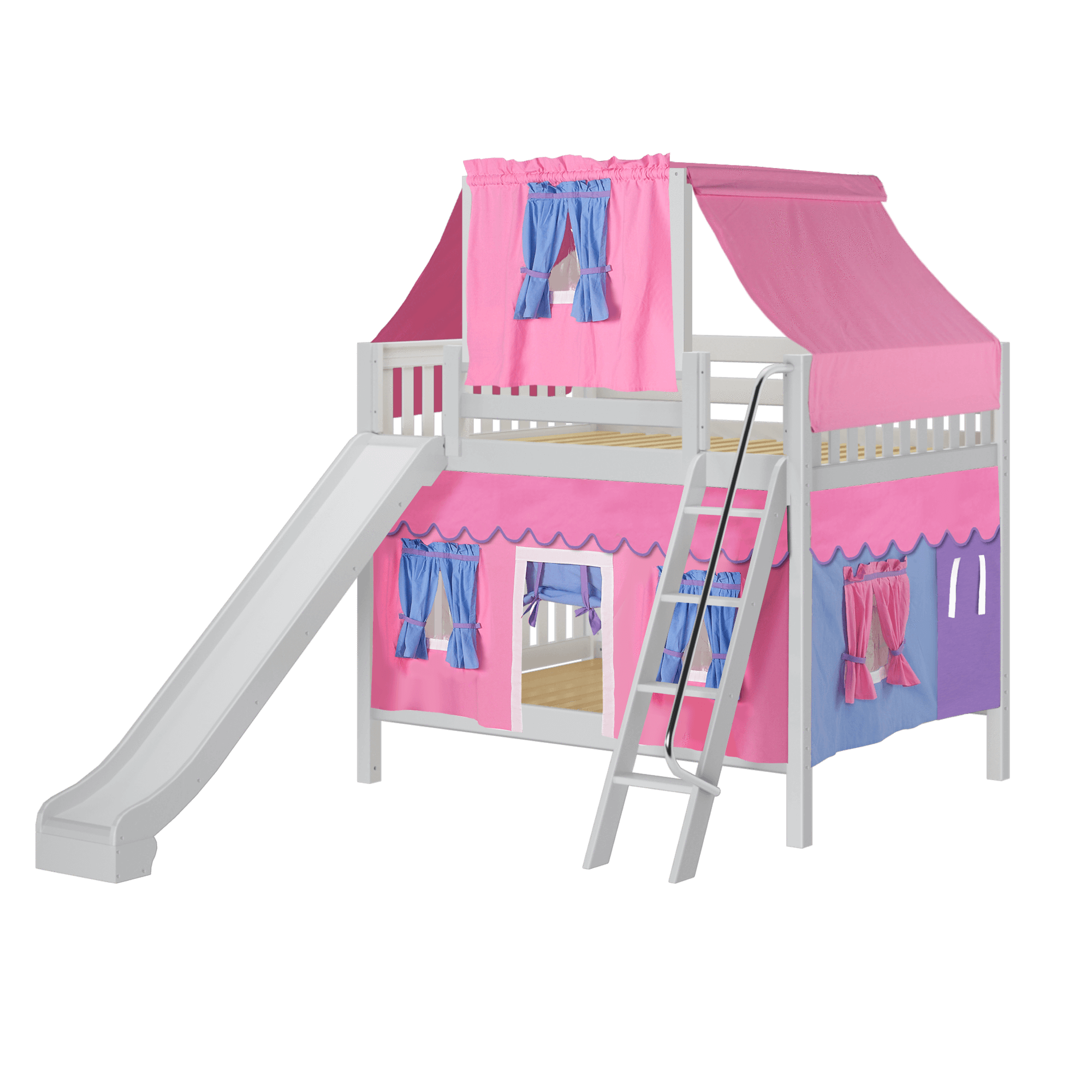 Maxtrix Full Medium Bunk Bed with Angled Ladder, Curtain, Top Tent + Slide