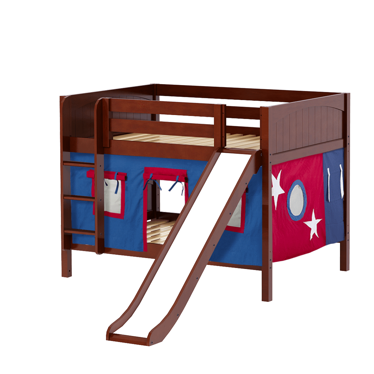 Maxtrix Full Low Bunk Bed with Straight Ladder, Curtain + Slide