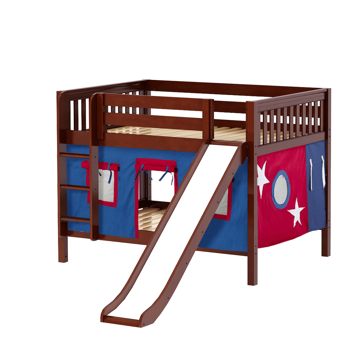 Maxtrix Full Low Bunk Bed with Straight Ladder, Curtain + Slide