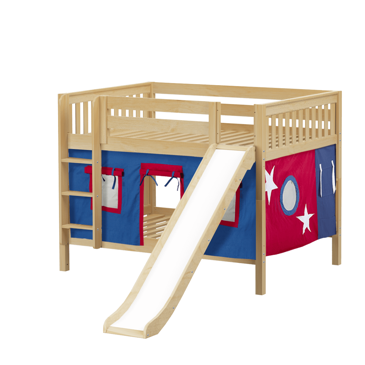 Maxtrix Full Low Bunk Bed with Straight Ladder, Curtain + Slide