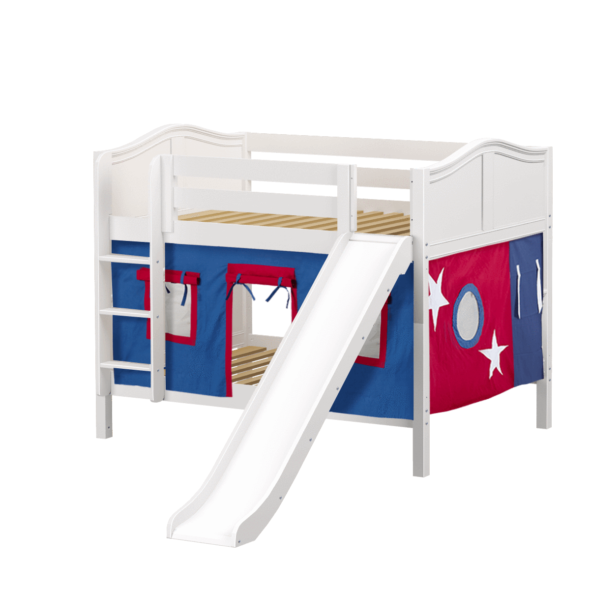 Maxtrix Full Low Bunk Bed with Straight Ladder, Curtain + Slide