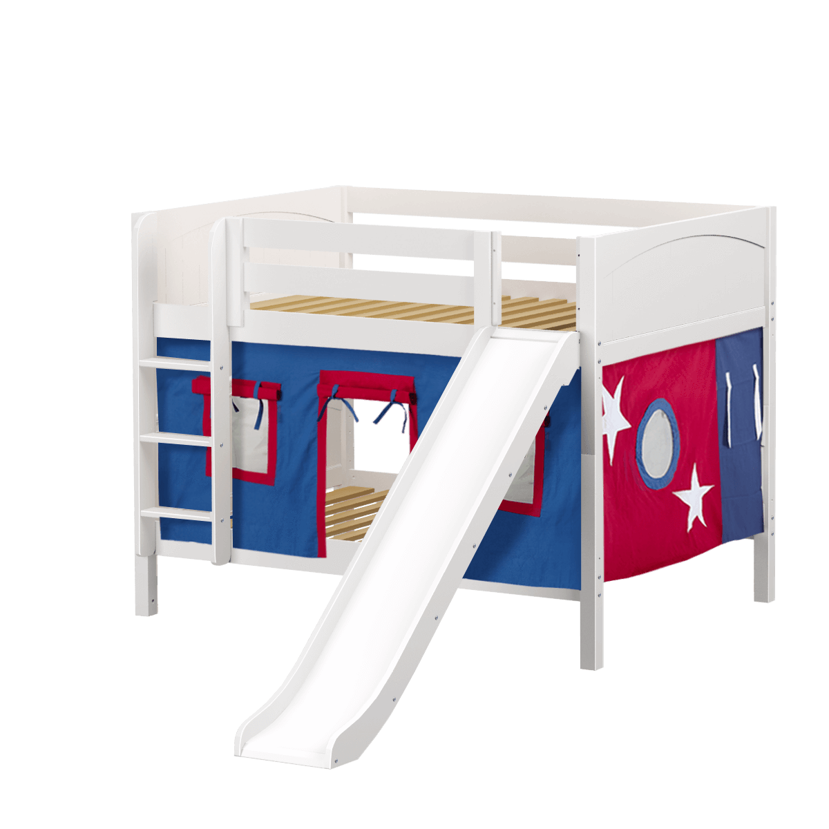 Maxtrix Full Low Bunk Bed with Straight Ladder, Curtain + Slide