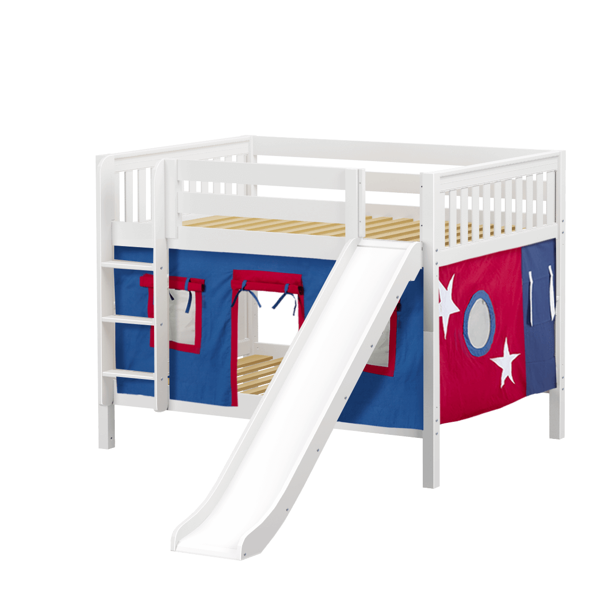 Maxtrix Full Low Bunk Bed with Straight Ladder, Curtain + Slide