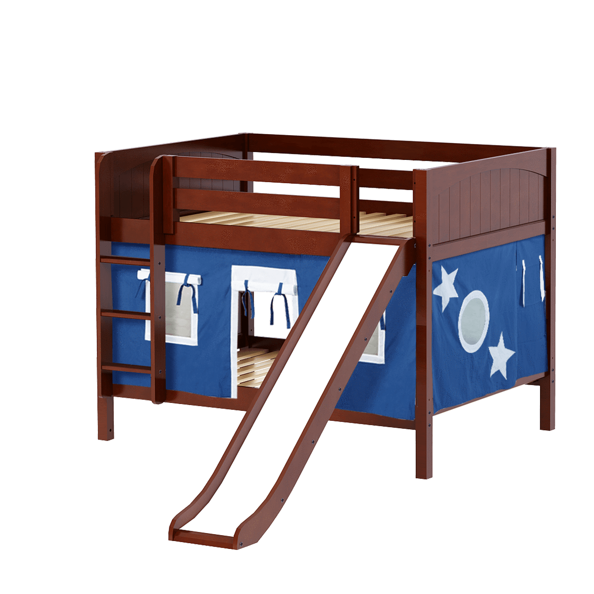 Maxtrix Full Low Bunk Bed with Straight Ladder, Curtain + Slide