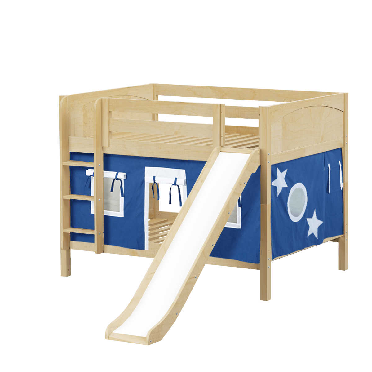 Maxtrix Full Low Bunk Bed with Straight Ladder, Curtain + Slide