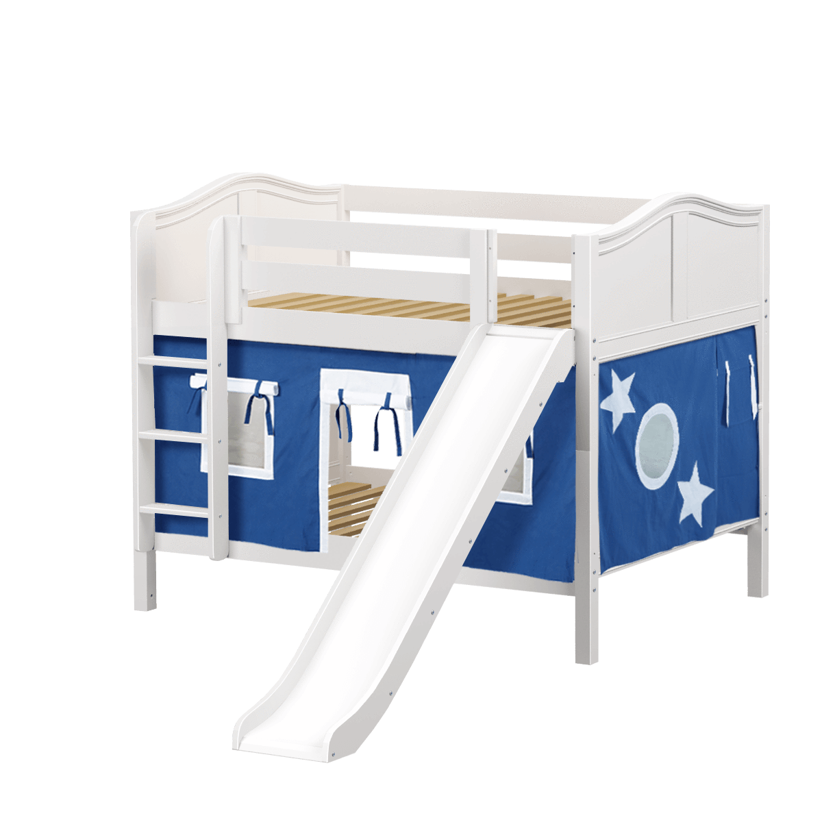 Maxtrix Full Low Bunk Bed with Straight Ladder, Curtain + Slide