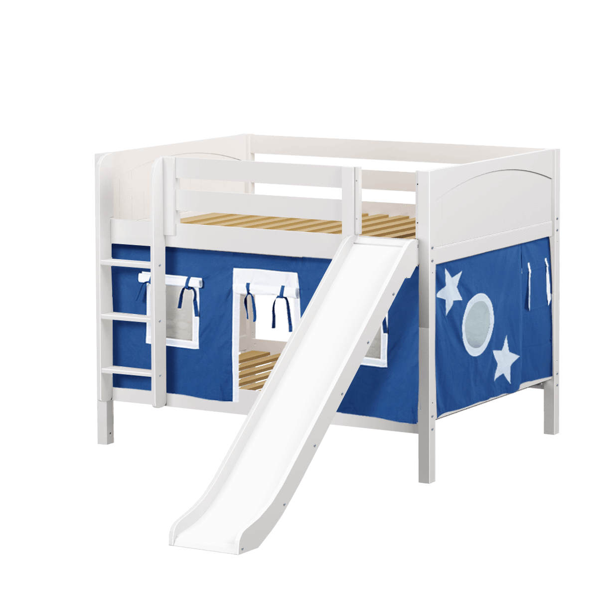 Maxtrix Full Low Bunk Bed with Straight Ladder, Curtain + Slide