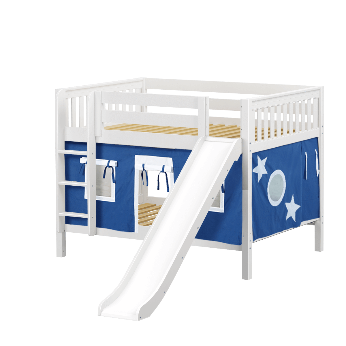 Maxtrix Full Low Bunk Bed with Straight Ladder, Curtain + Slide