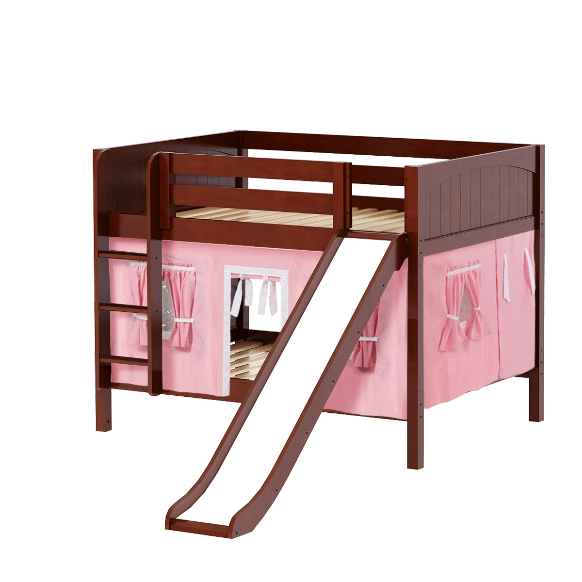 Maxtrix Full Low Bunk Bed with Straight Ladder, Curtain + Slide