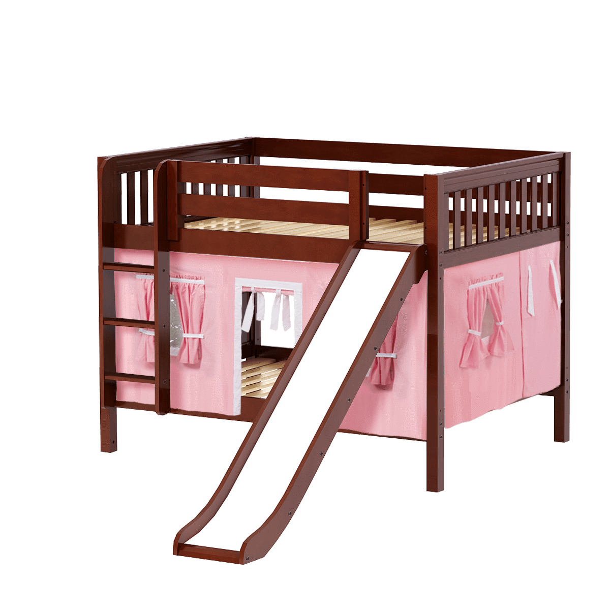 Maxtrix Full Low Bunk Bed with Straight Ladder, Curtain + Slide