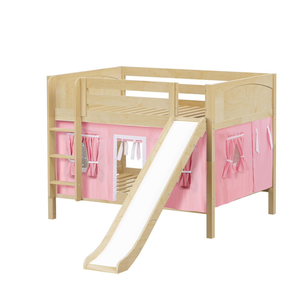 Maxtrix Full Low Bunk Bed with Straight Ladder, Curtain + Slide