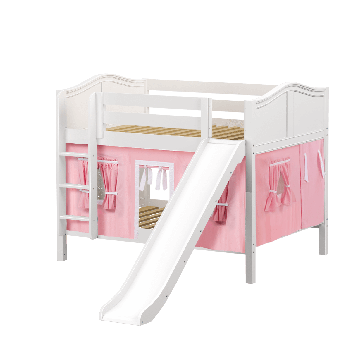 Maxtrix Full Low Bunk Bed with Straight Ladder, Curtain + Slide