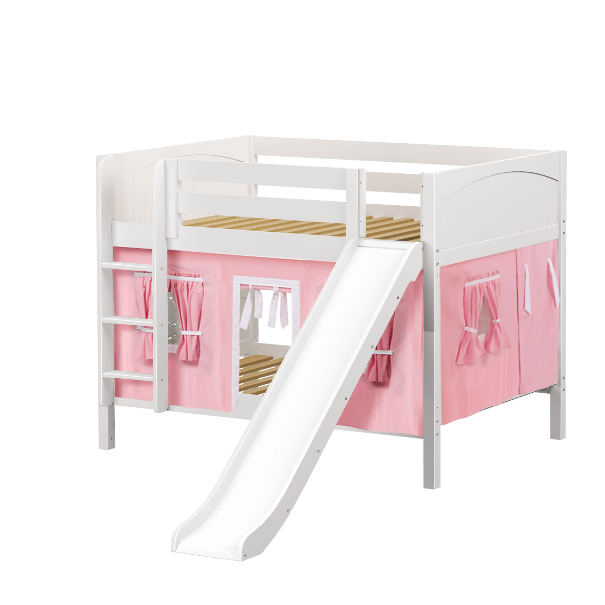 Maxtrix Full Low Bunk Bed with Straight Ladder, Curtain + Slide