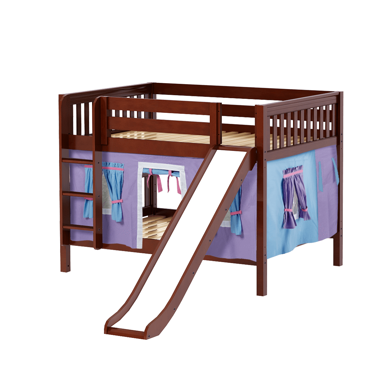 Maxtrix Full Low Bunk Bed with Straight Ladder, Curtain + Slide