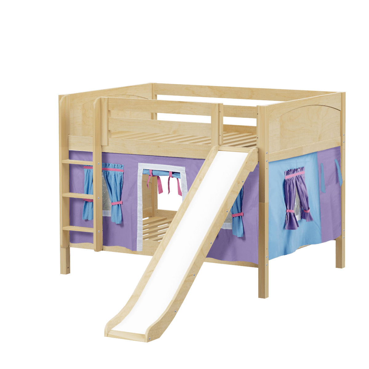 Maxtrix Full Low Bunk Bed with Straight Ladder, Curtain + Slide