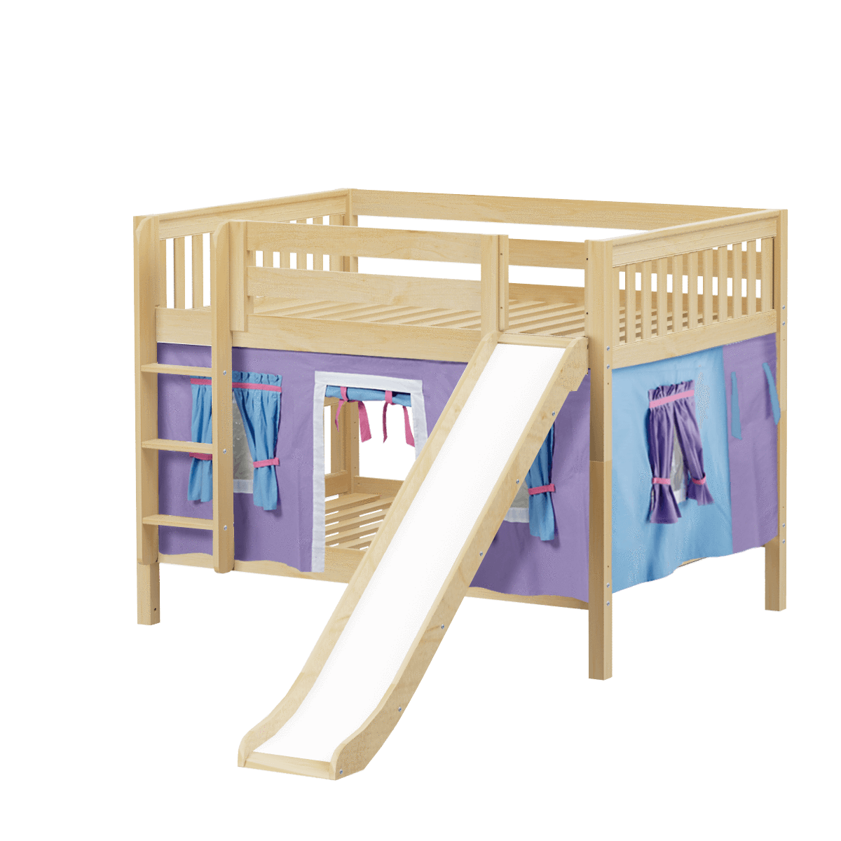 Maxtrix Full Low Bunk Bed with Straight Ladder, Curtain + Slide