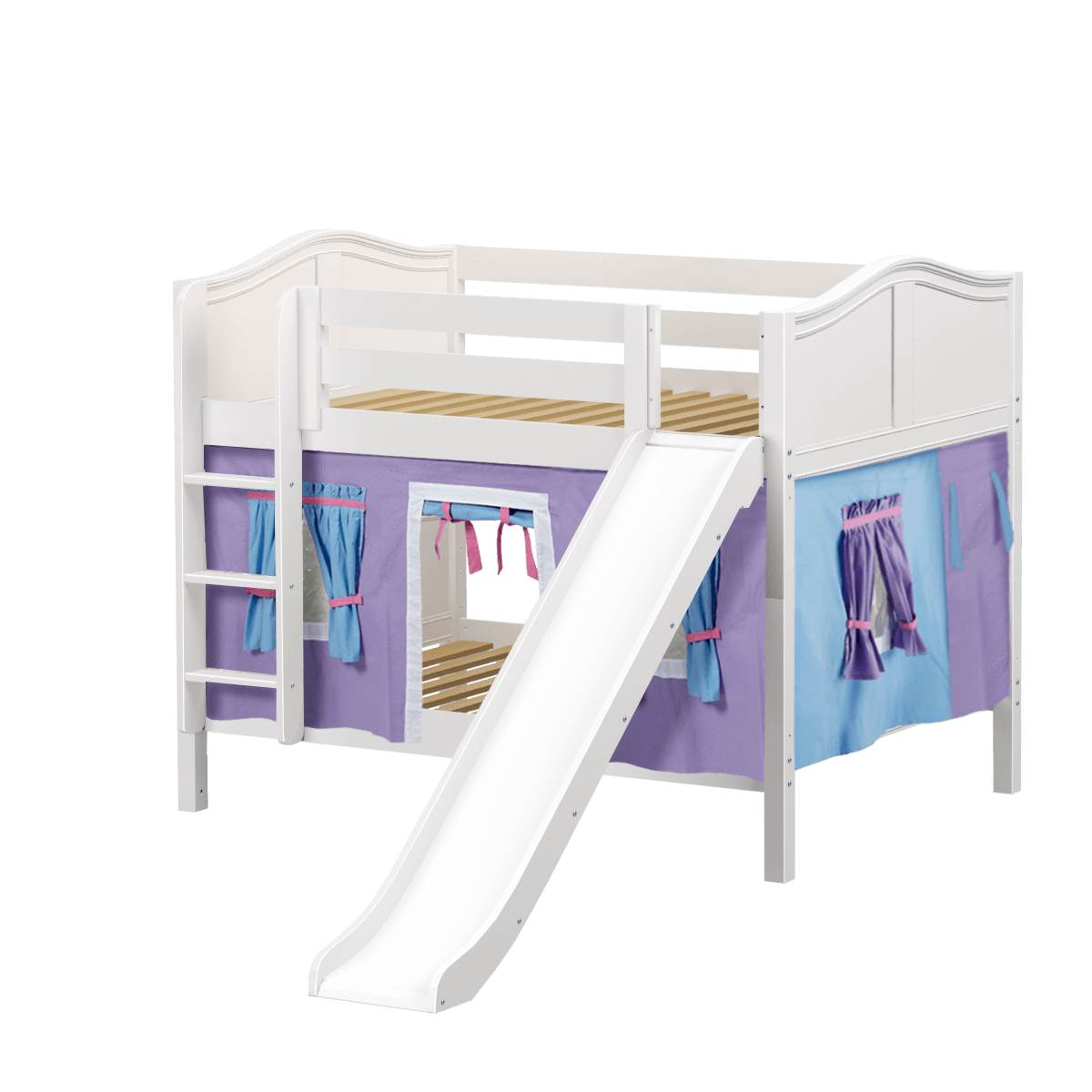 Maxtrix Full Low Bunk Bed with Straight Ladder, Curtain + Slide