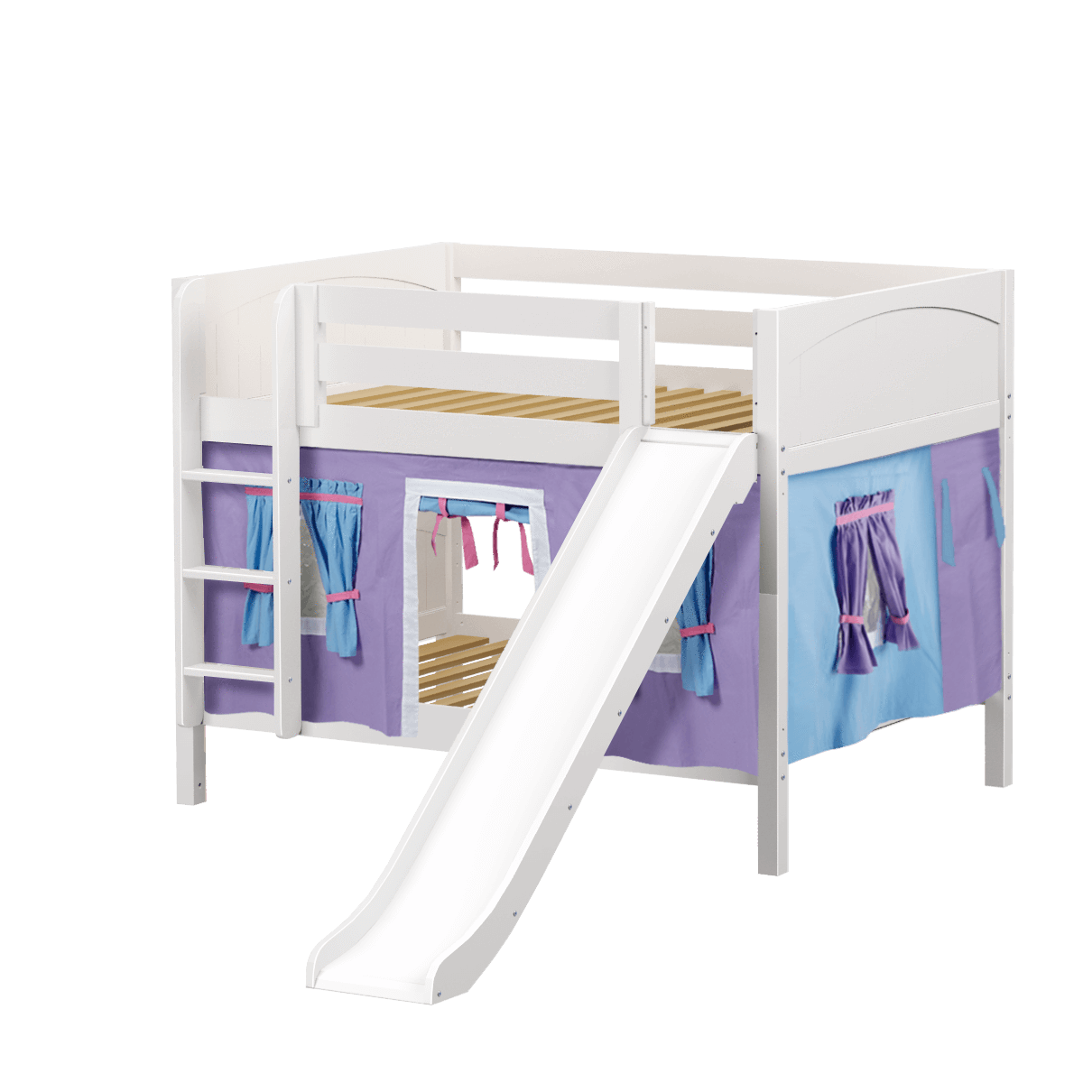 Maxtrix Full Low Bunk Bed with Straight Ladder, Curtain + Slide