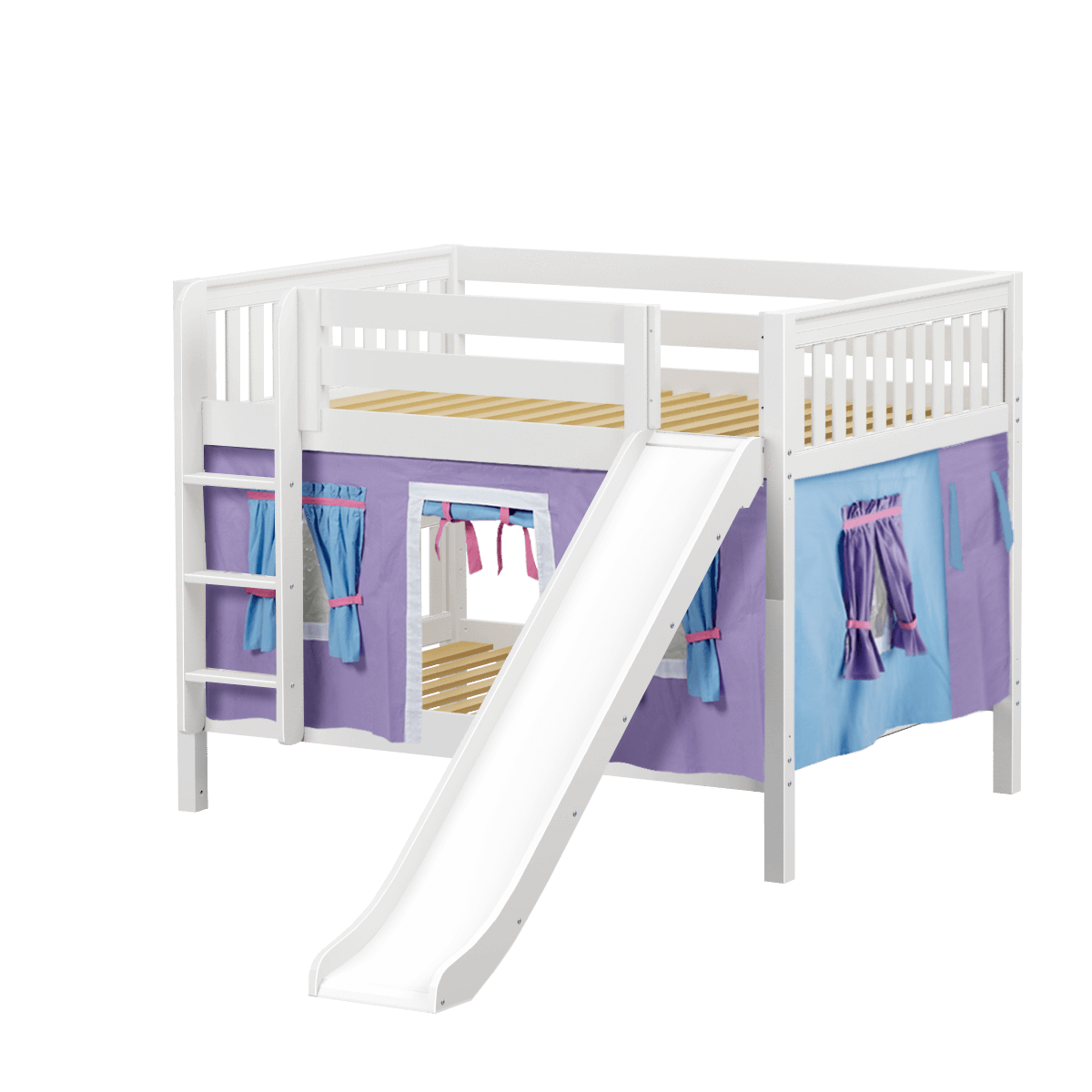 Maxtrix Full Low Bunk Bed with Straight Ladder, Curtain + Slide