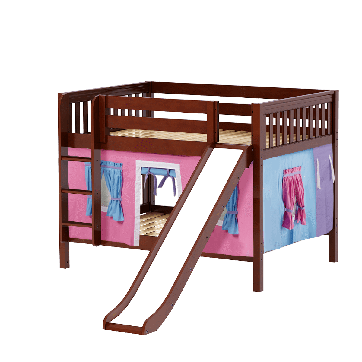 Maxtrix Full Low Bunk Bed with Straight Ladder, Curtain + Slide