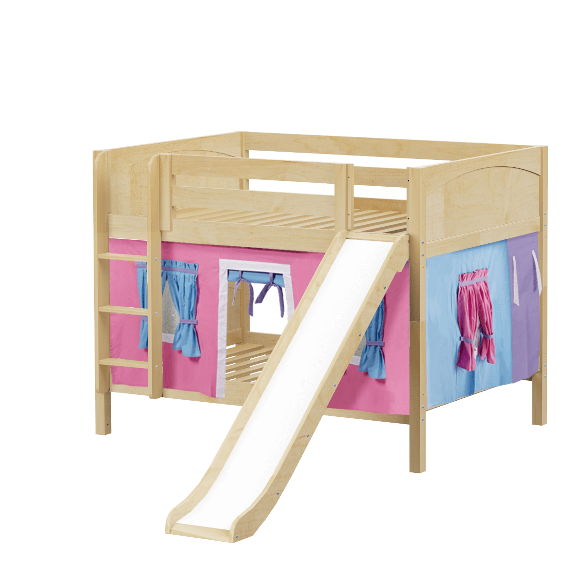 Maxtrix Full Low Bunk Bed with Straight Ladder, Curtain + Slide