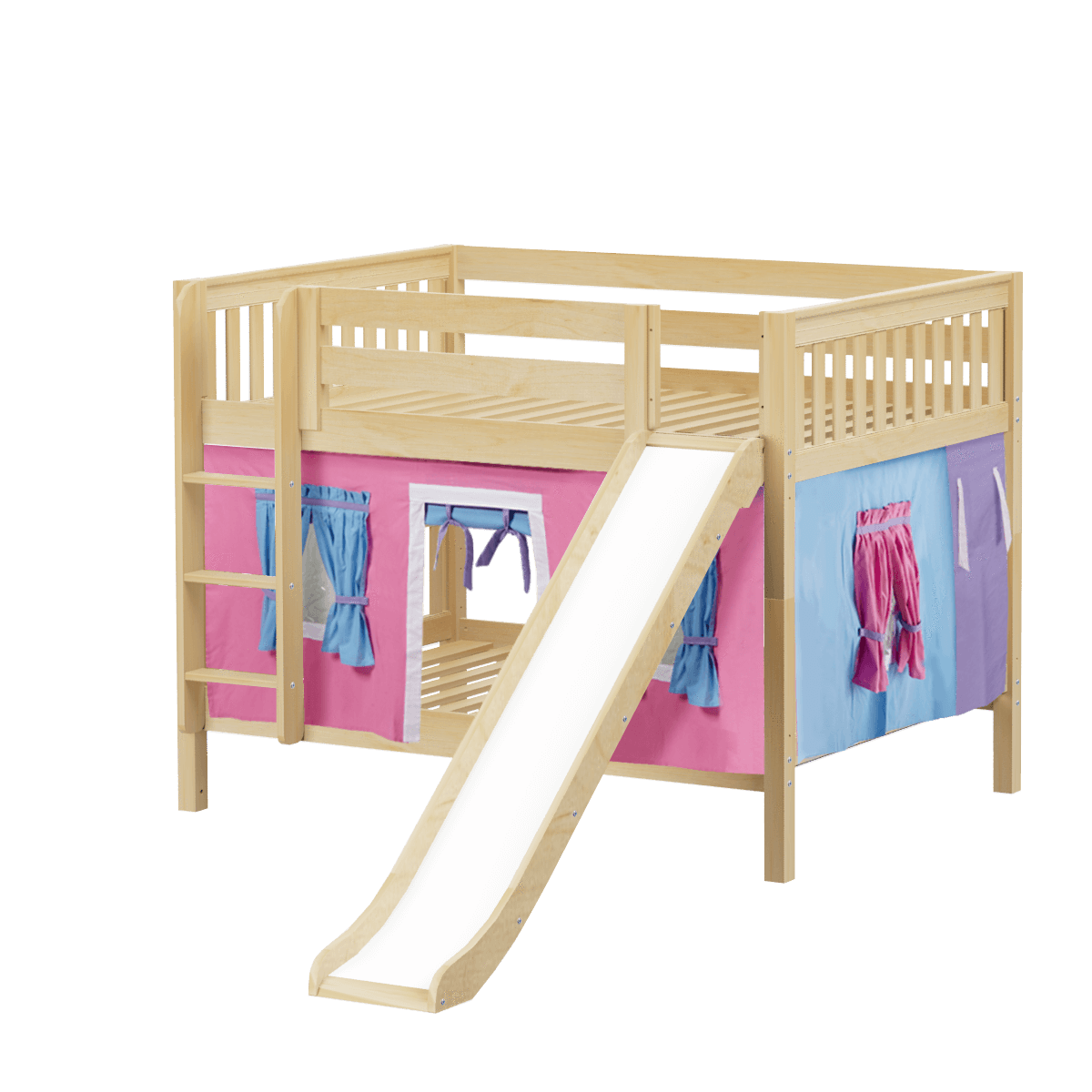 Maxtrix Full Low Bunk Bed with Straight Ladder, Curtain + Slide