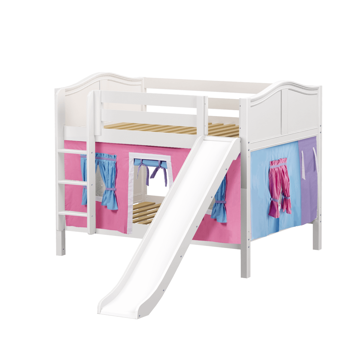 Maxtrix Full Low Bunk Bed with Straight Ladder, Curtain + Slide