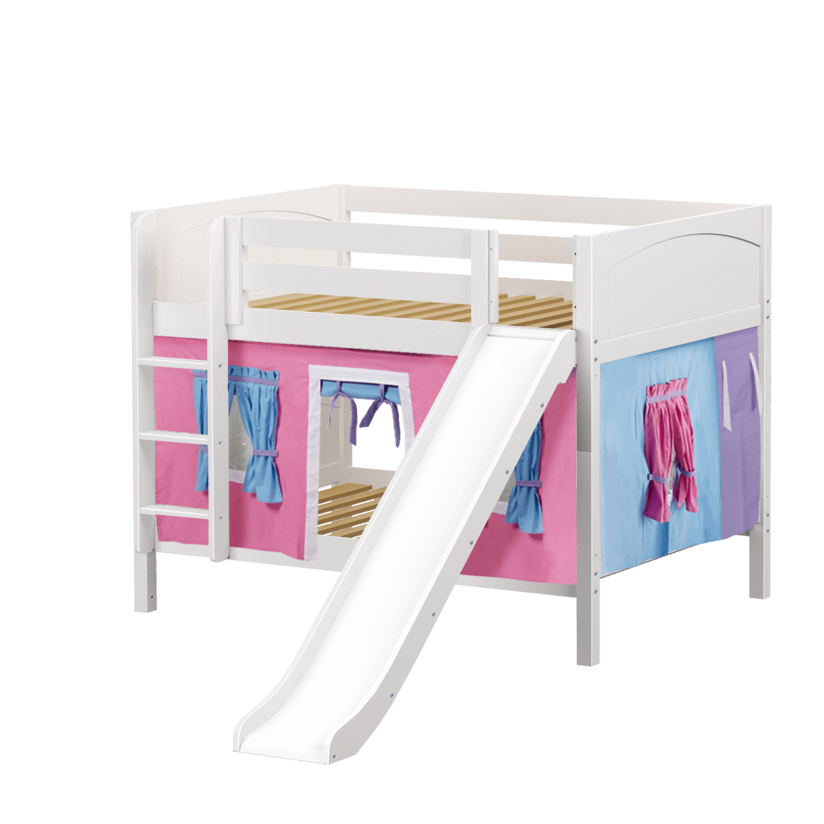 Maxtrix Full Low Bunk Bed with Straight Ladder, Curtain + Slide