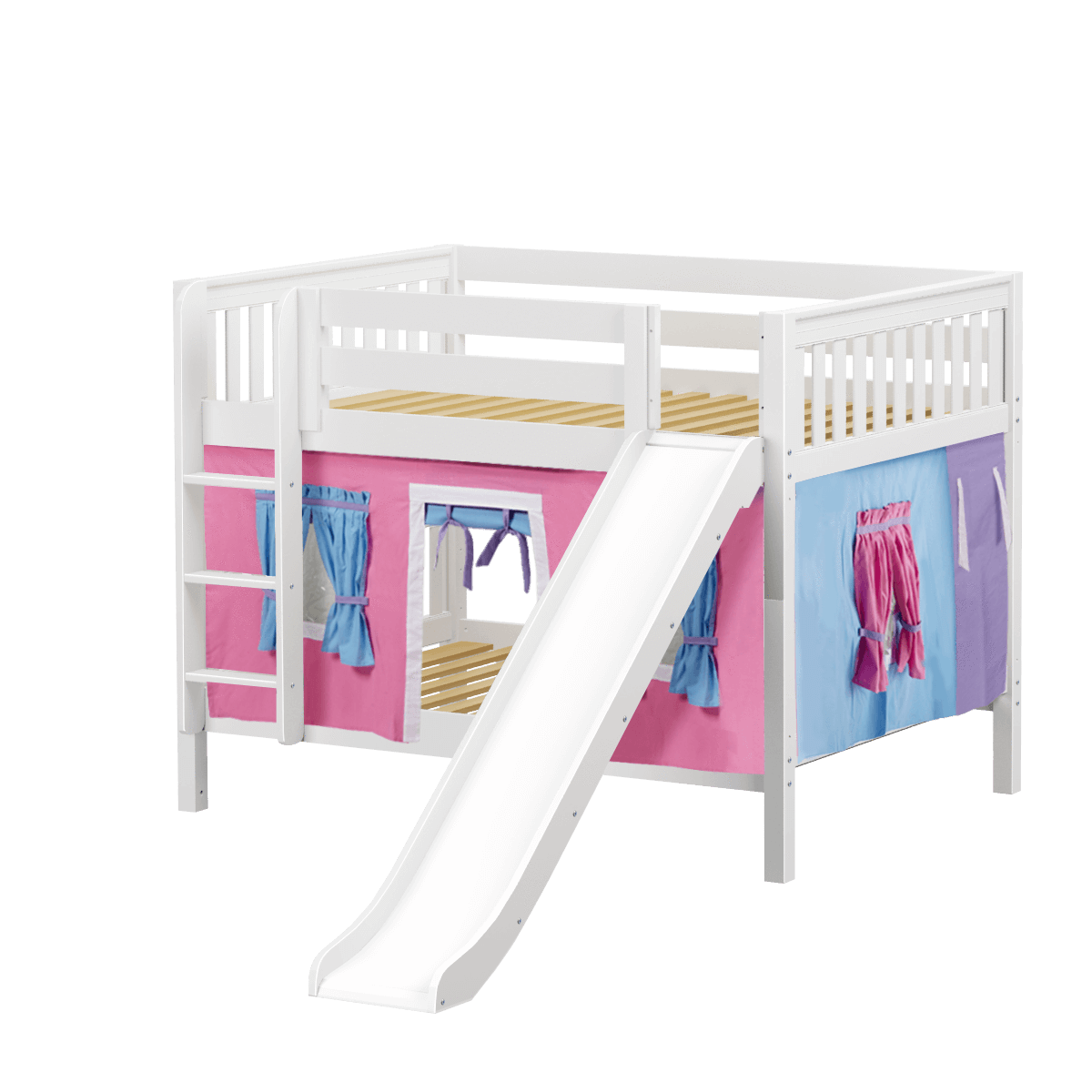 Maxtrix Full Low Bunk Bed with Straight Ladder, Curtain + Slide