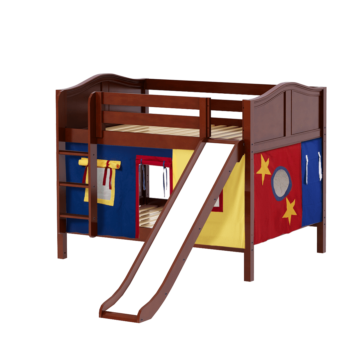 Maxtrix Full Low Bunk Bed with Straight Ladder, Curtain + Slide