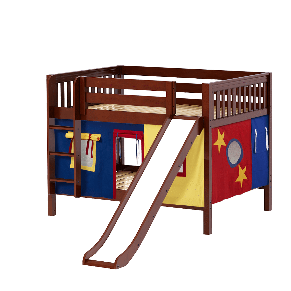 Maxtrix Full Low Bunk Bed with Straight Ladder, Curtain + Slide