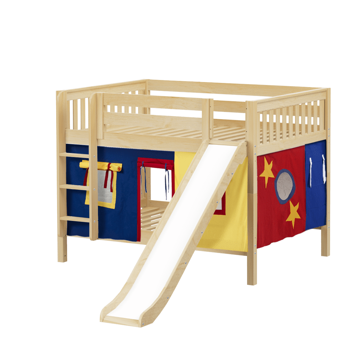 Maxtrix Full Low Bunk Bed with Straight Ladder, Curtain + Slide