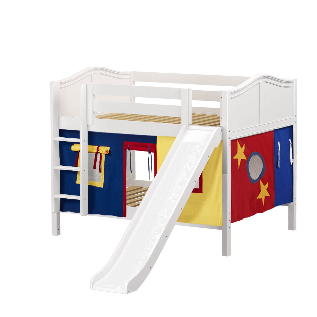 Maxtrix Full Low Bunk Bed with Straight Ladder, Curtain + Slide