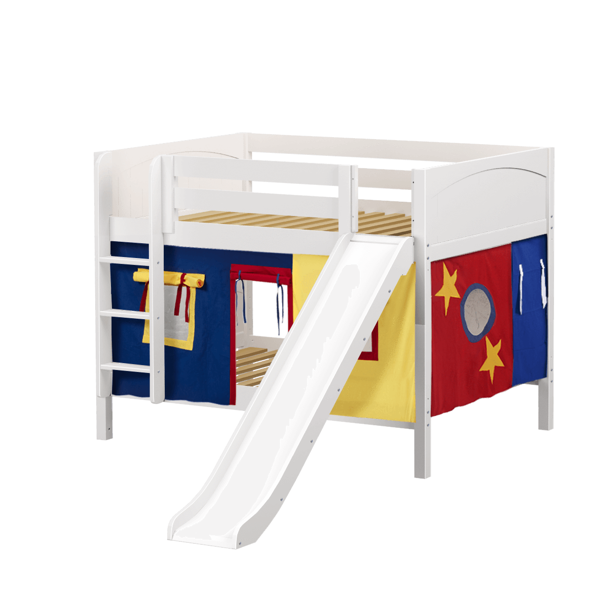 Maxtrix Full Low Bunk Bed with Straight Ladder, Curtain + Slide