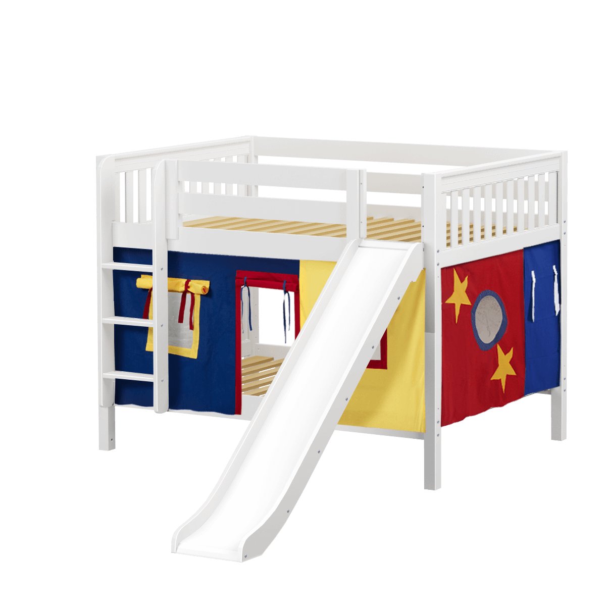 Maxtrix Full Low Bunk Bed with Straight Ladder, Curtain + Slide