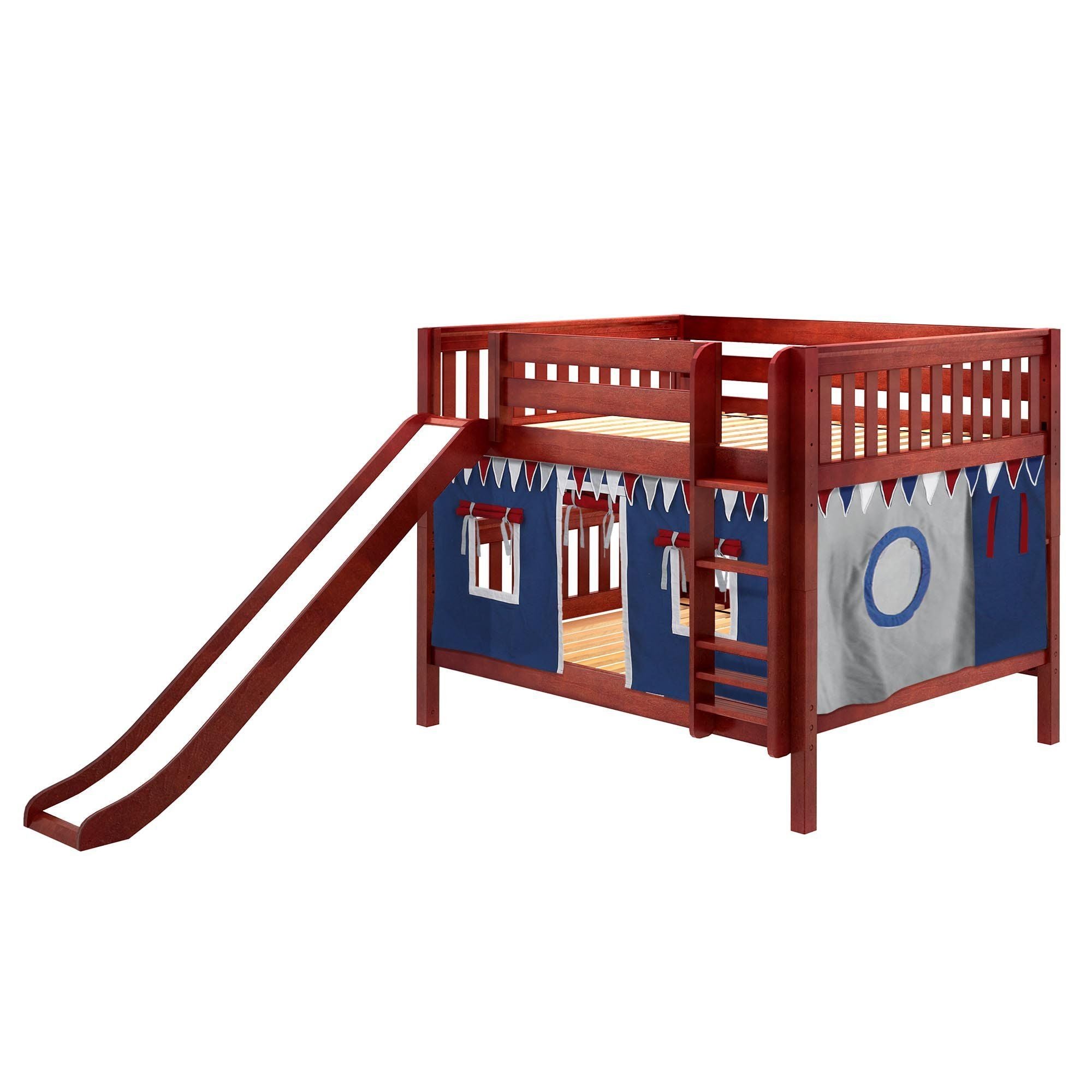 Maxtrix Full Low Bunk Bed with Straight Ladder, Curtain + Slide