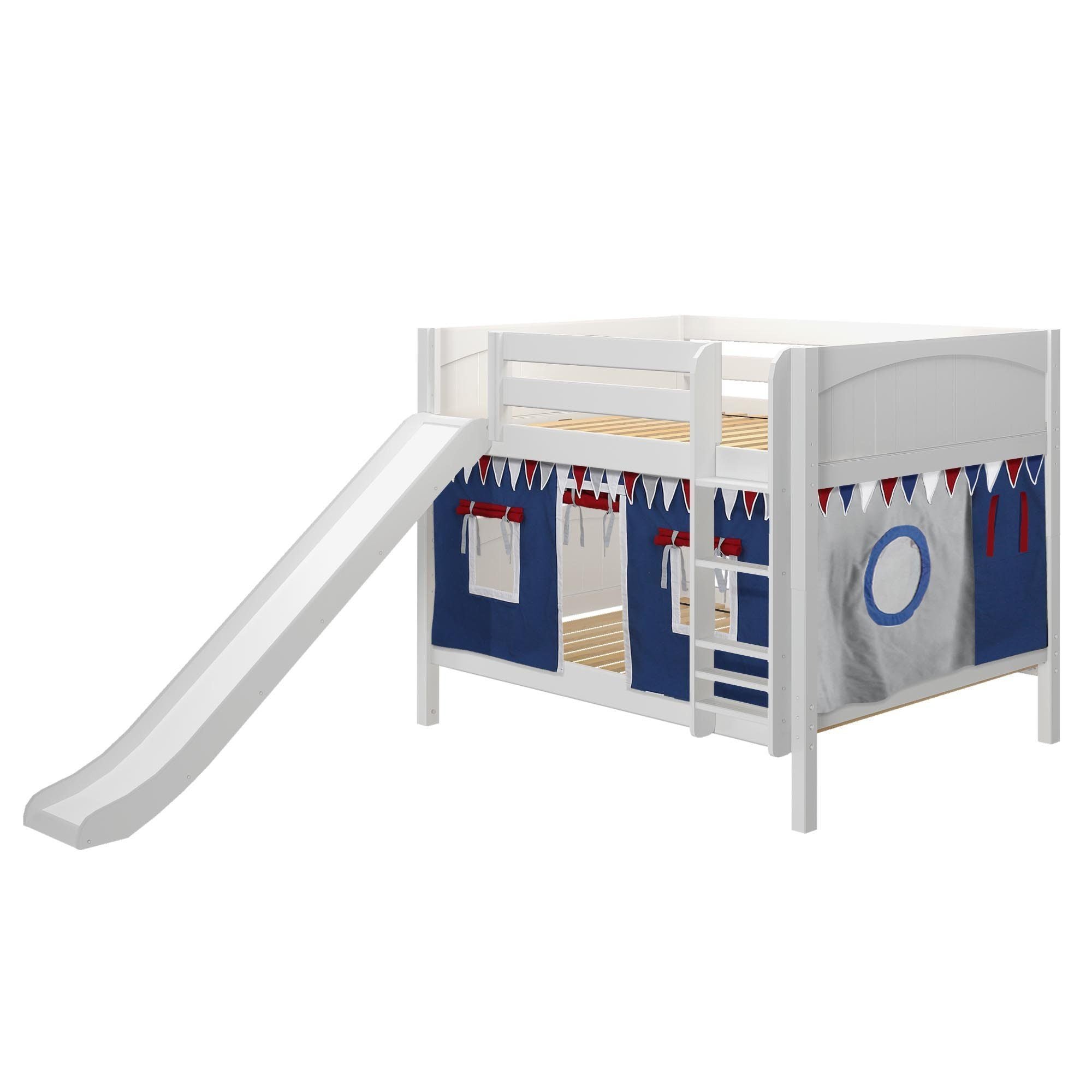 Maxtrix Full Low Bunk Bed with Straight Ladder, Curtain + Slide