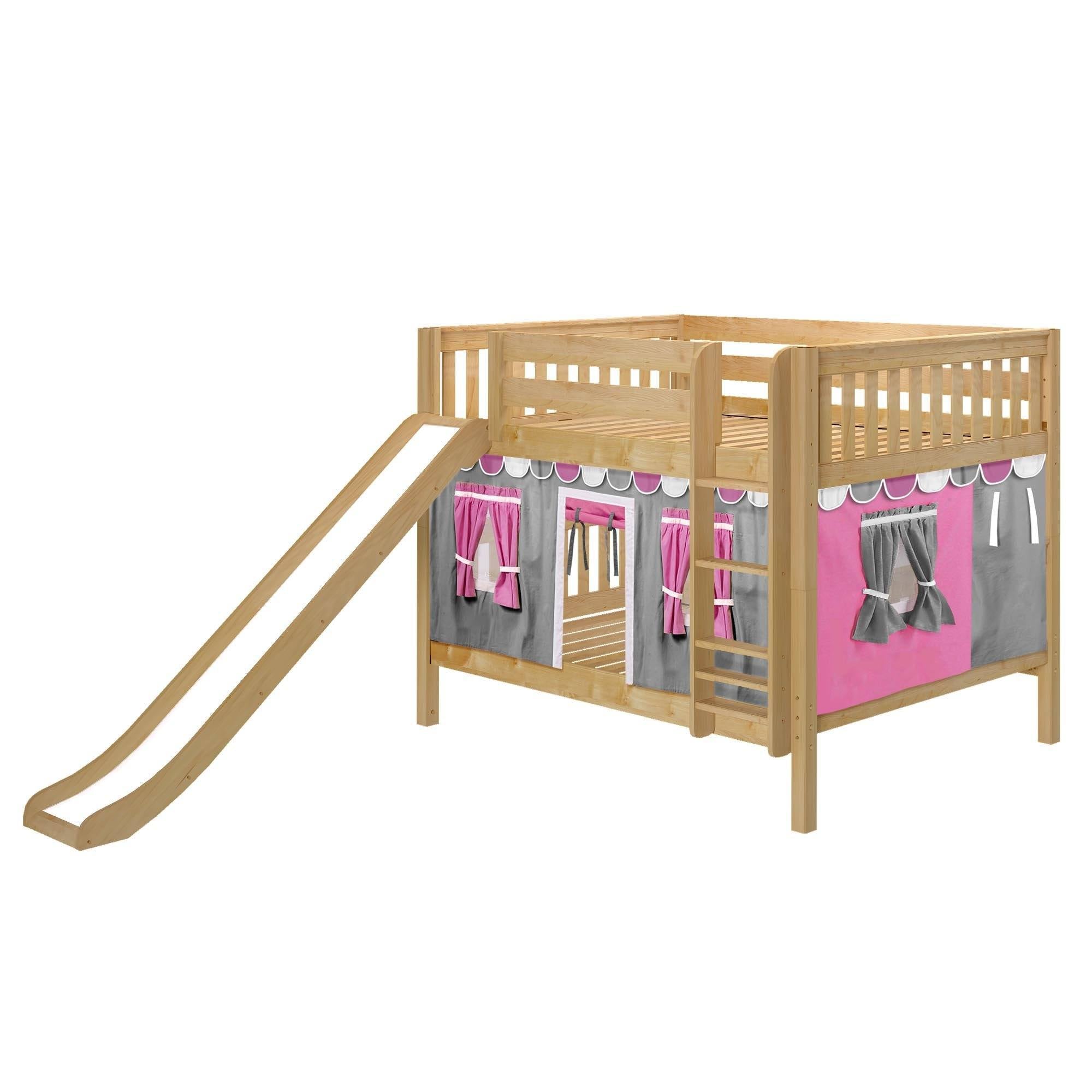 Maxtrix Full Low Bunk Bed with Straight Ladder, Curtain + Slide