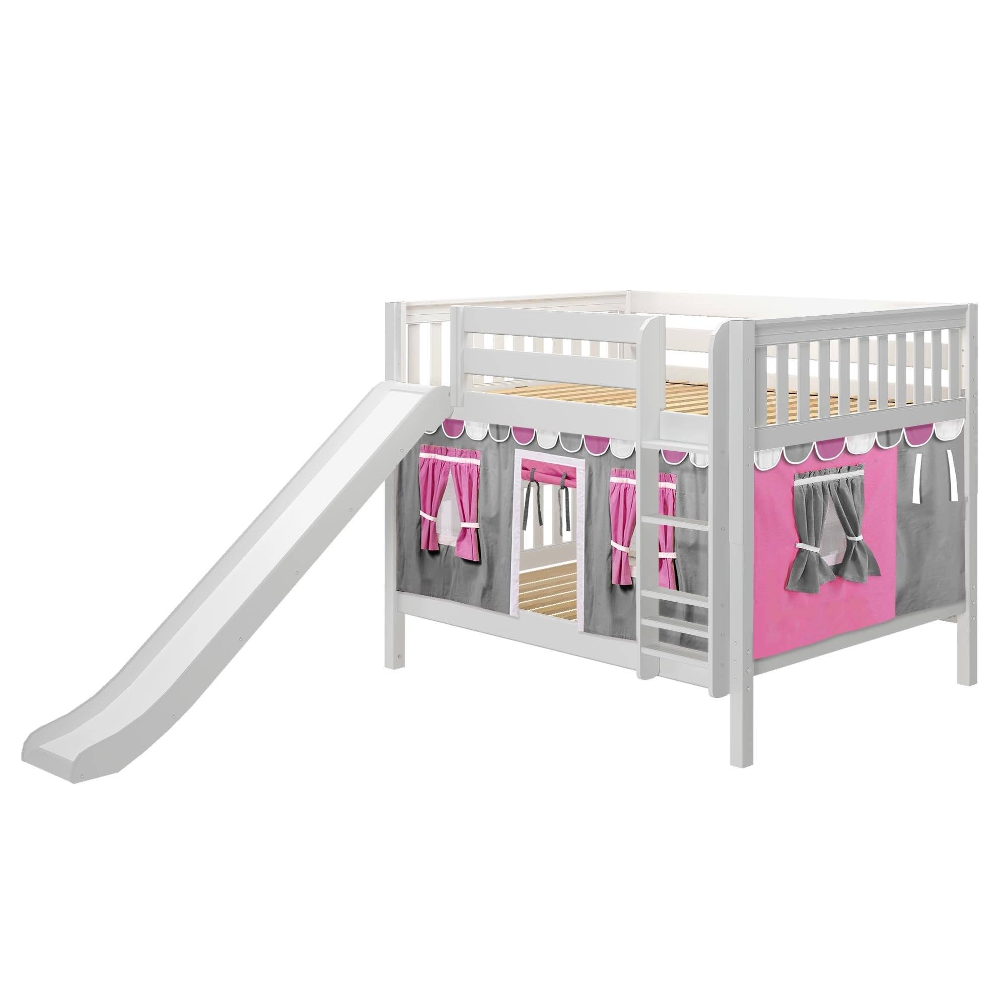 Maxtrix Full Low Bunk Bed with Straight Ladder, Curtain + Slide