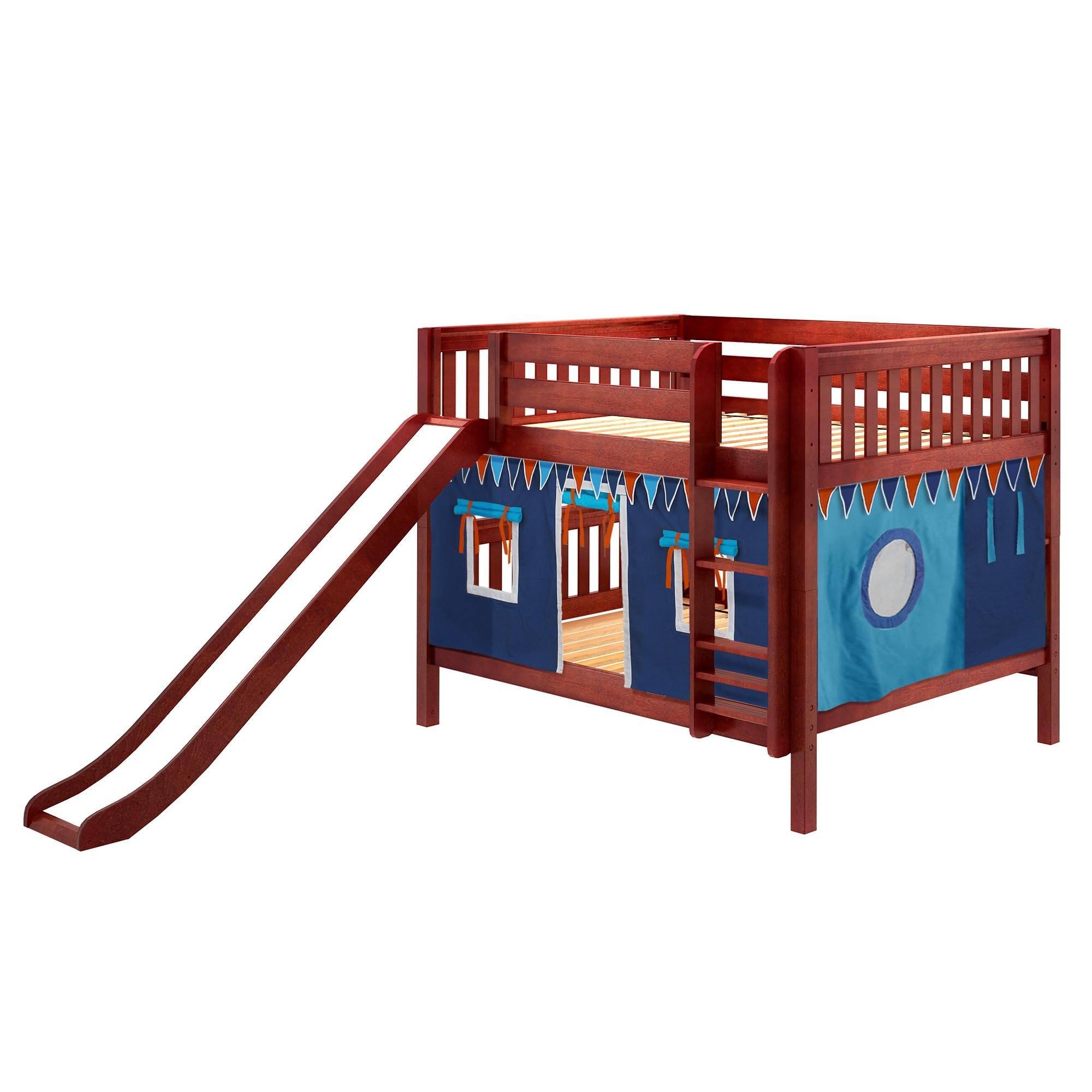 Maxtrix Full Low Bunk Bed with Straight Ladder, Curtain + Slide