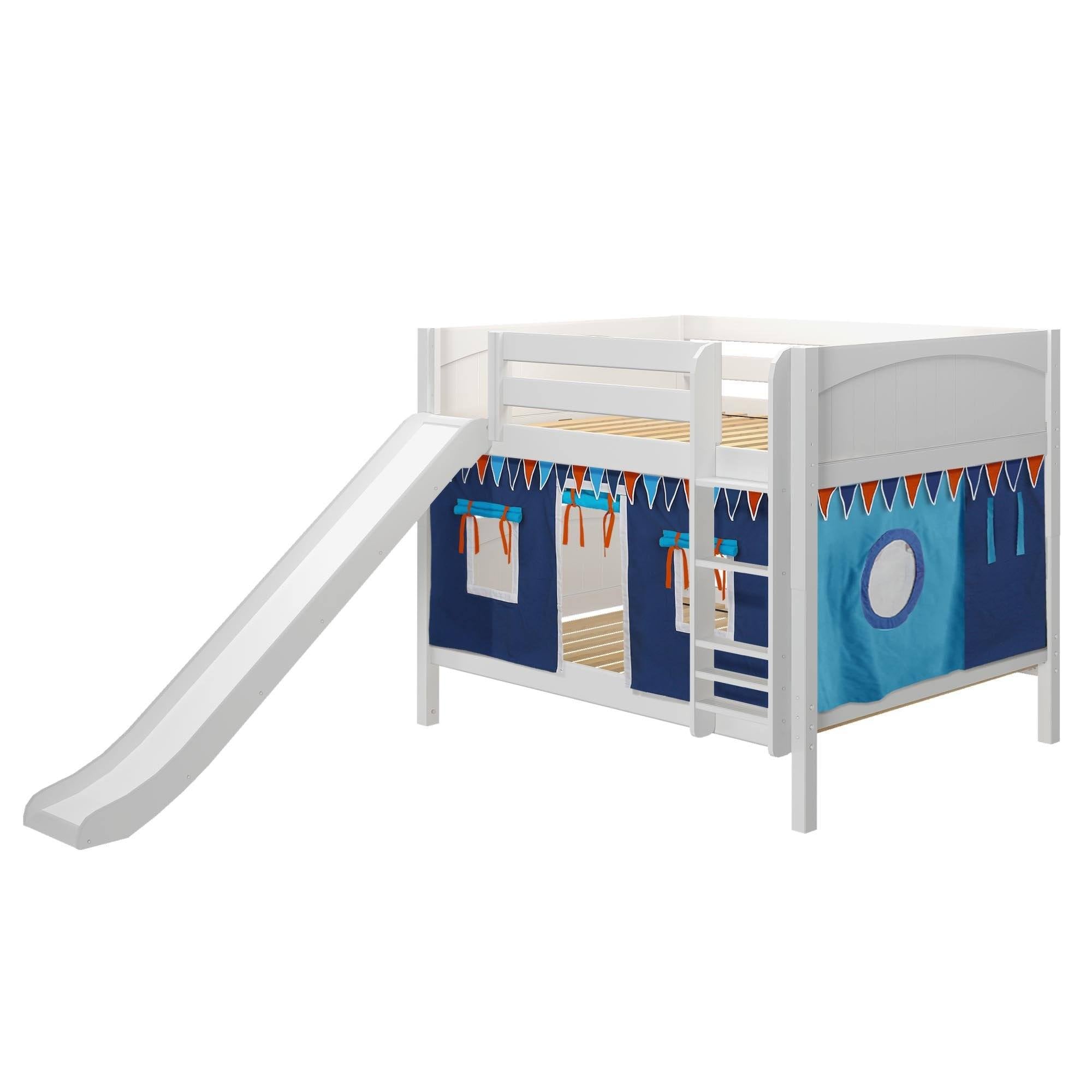 Maxtrix Full Low Bunk Bed with Straight Ladder, Curtain + Slide