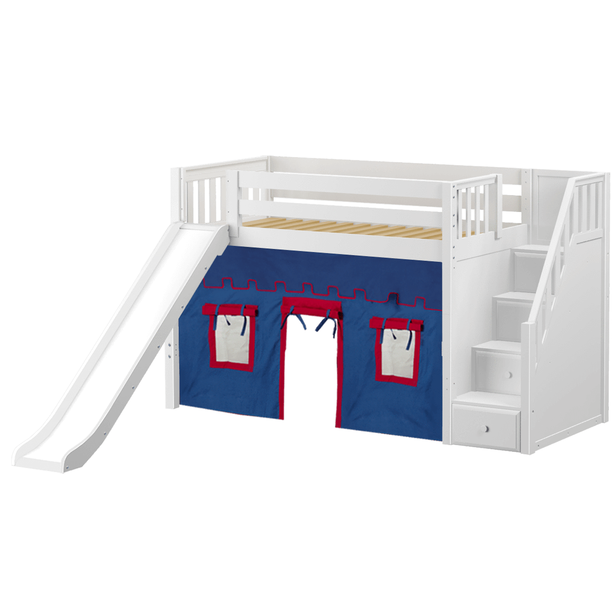 Maxtrix Twin Mid Loft Bed with Stairs, Curtain + Slide