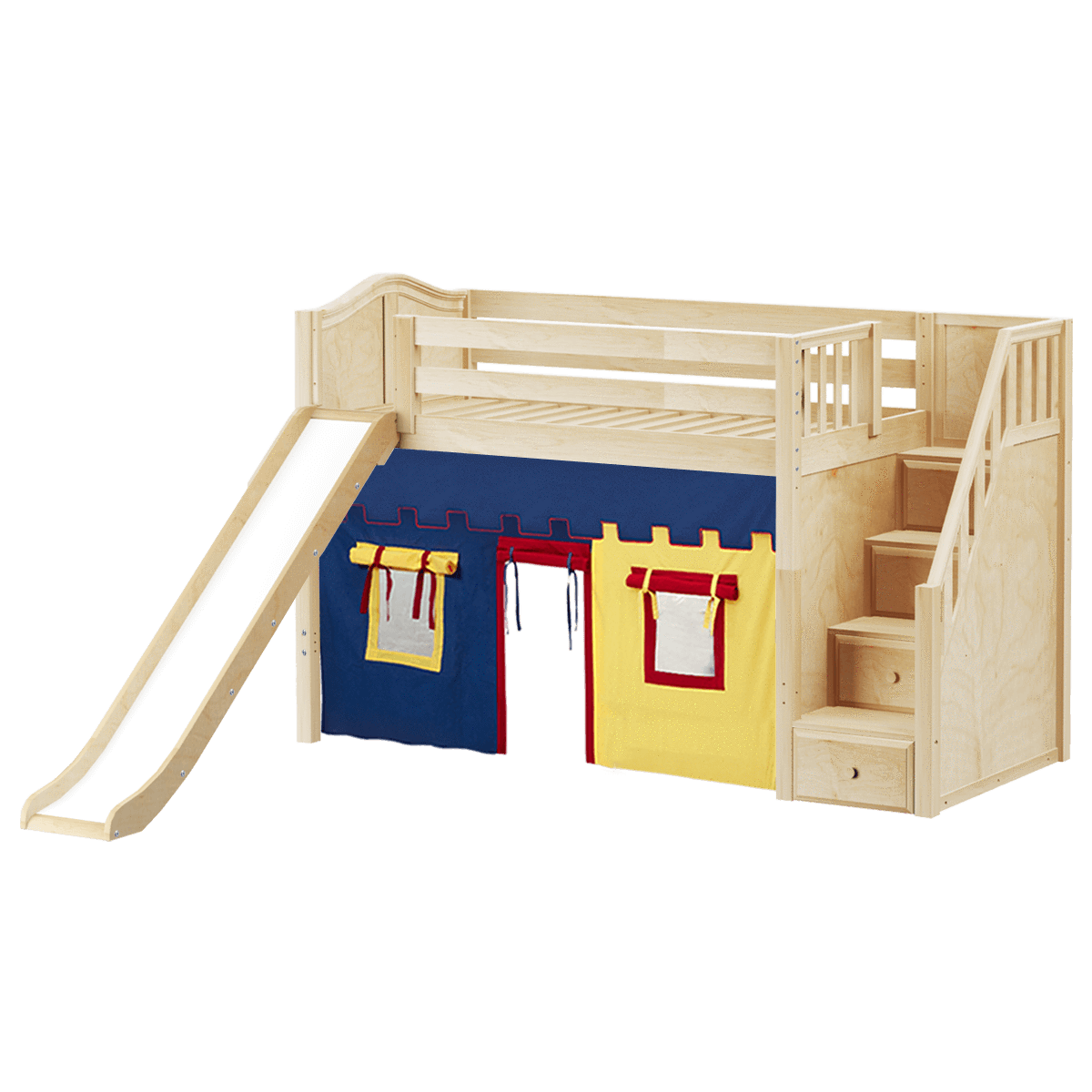 Maxtrix Twin Mid Loft Bed with Stairs, Curtain + Slide