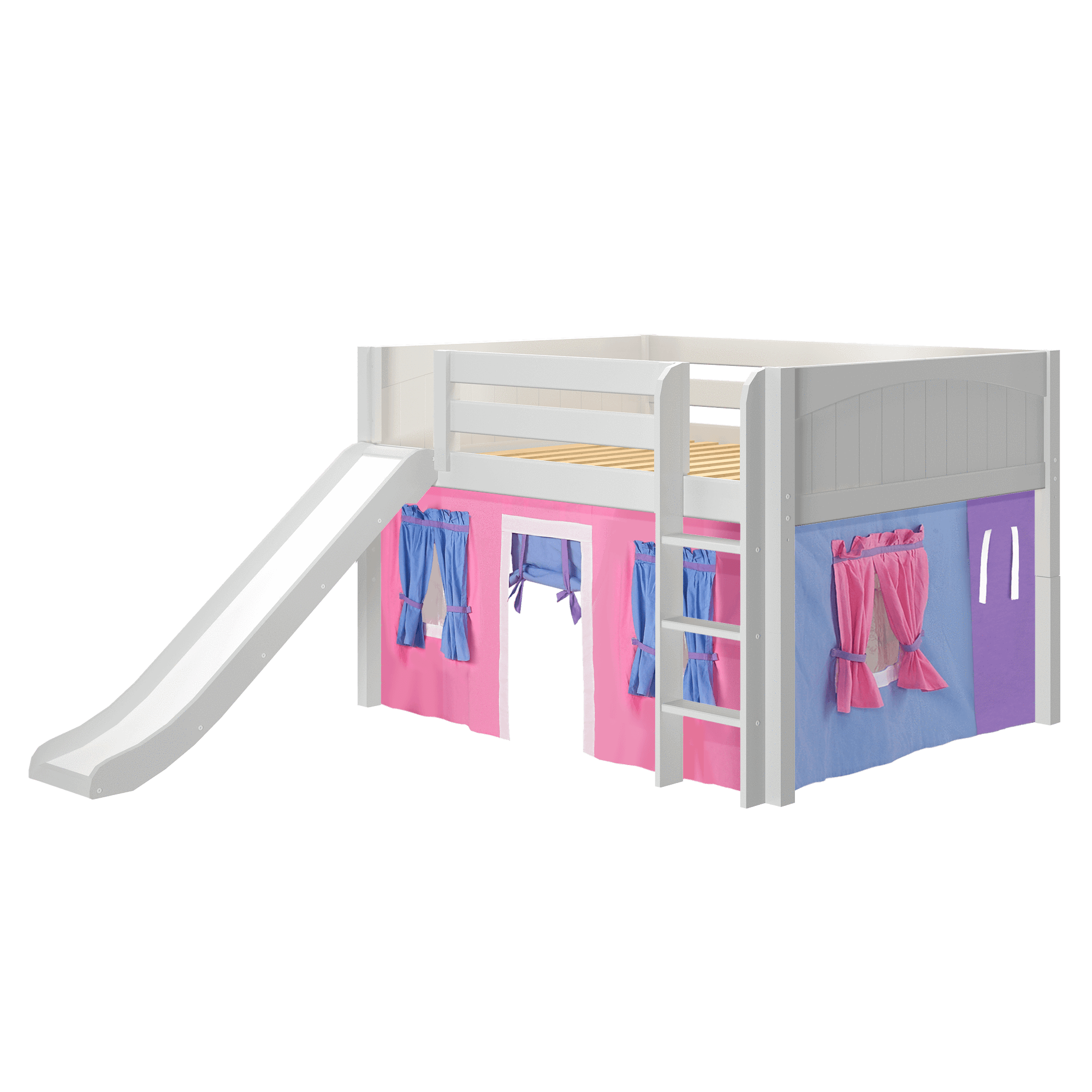 Maxtrix Full Low Loft Bed with Straight Ladder, Curtain + Slide
