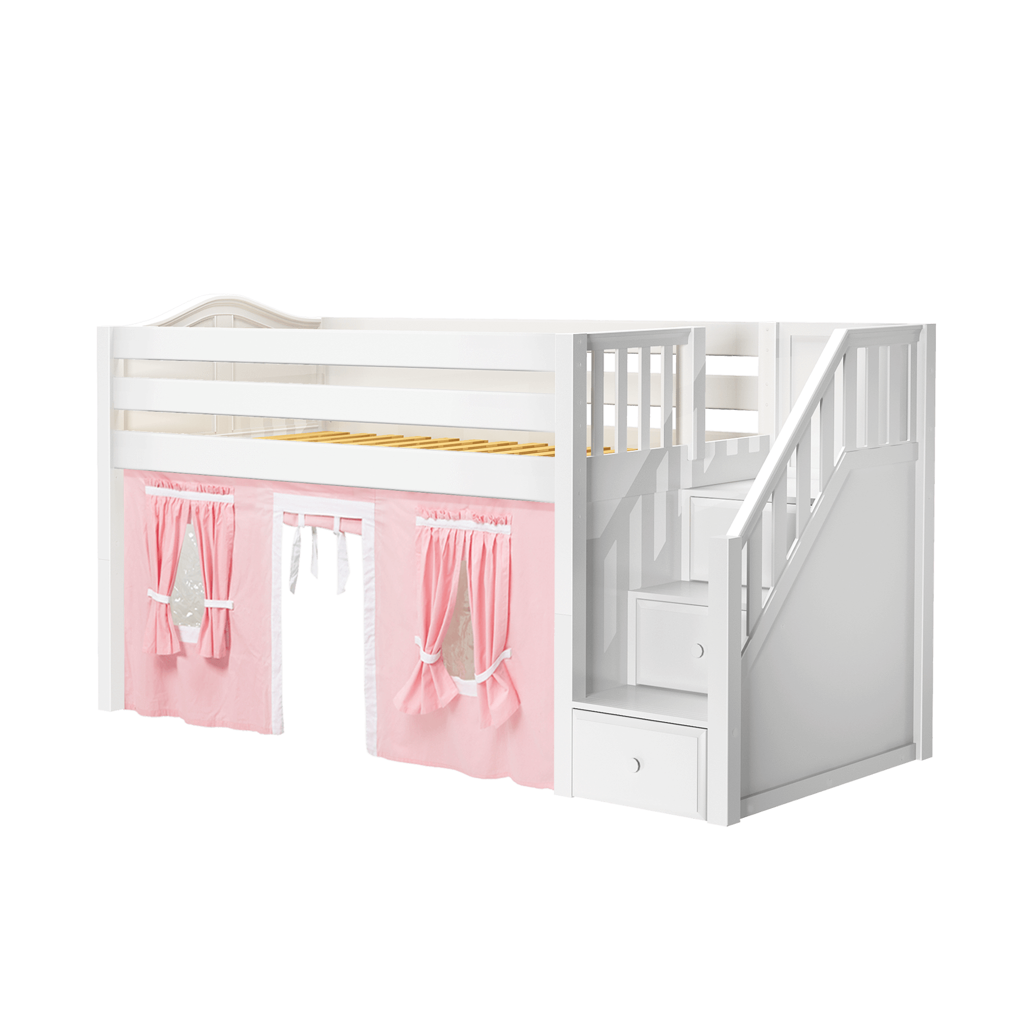 Maxtrix Twin Low Loft Bed with Stairs + Curtain