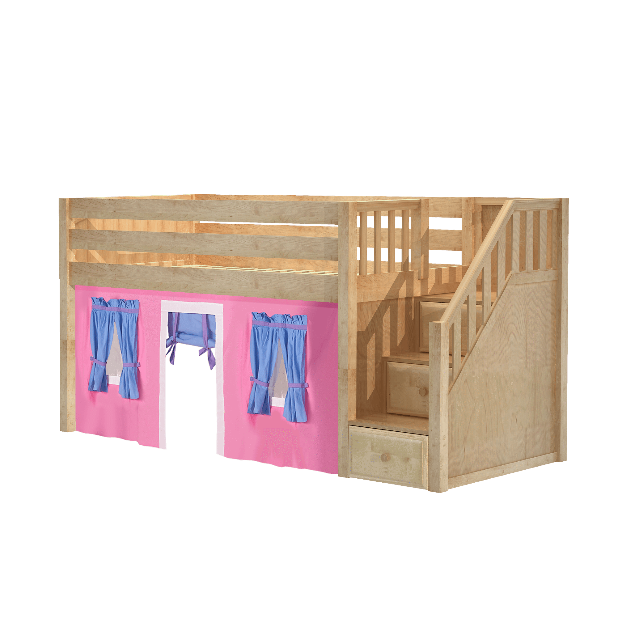 Maxtrix Twin Low Loft Bed with Stairs + Curtain