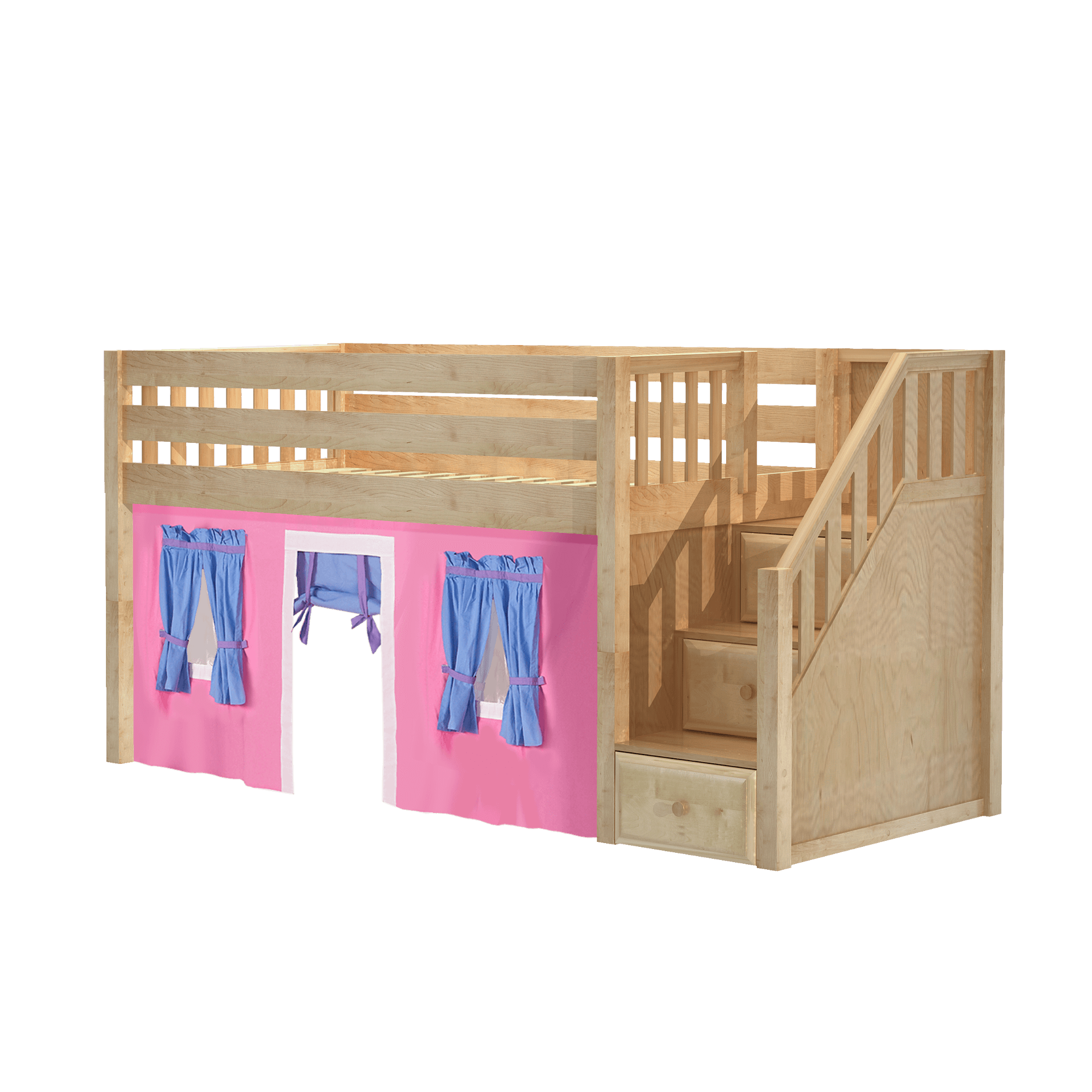 Maxtrix Twin Low Loft Bed with Stairs + Curtain