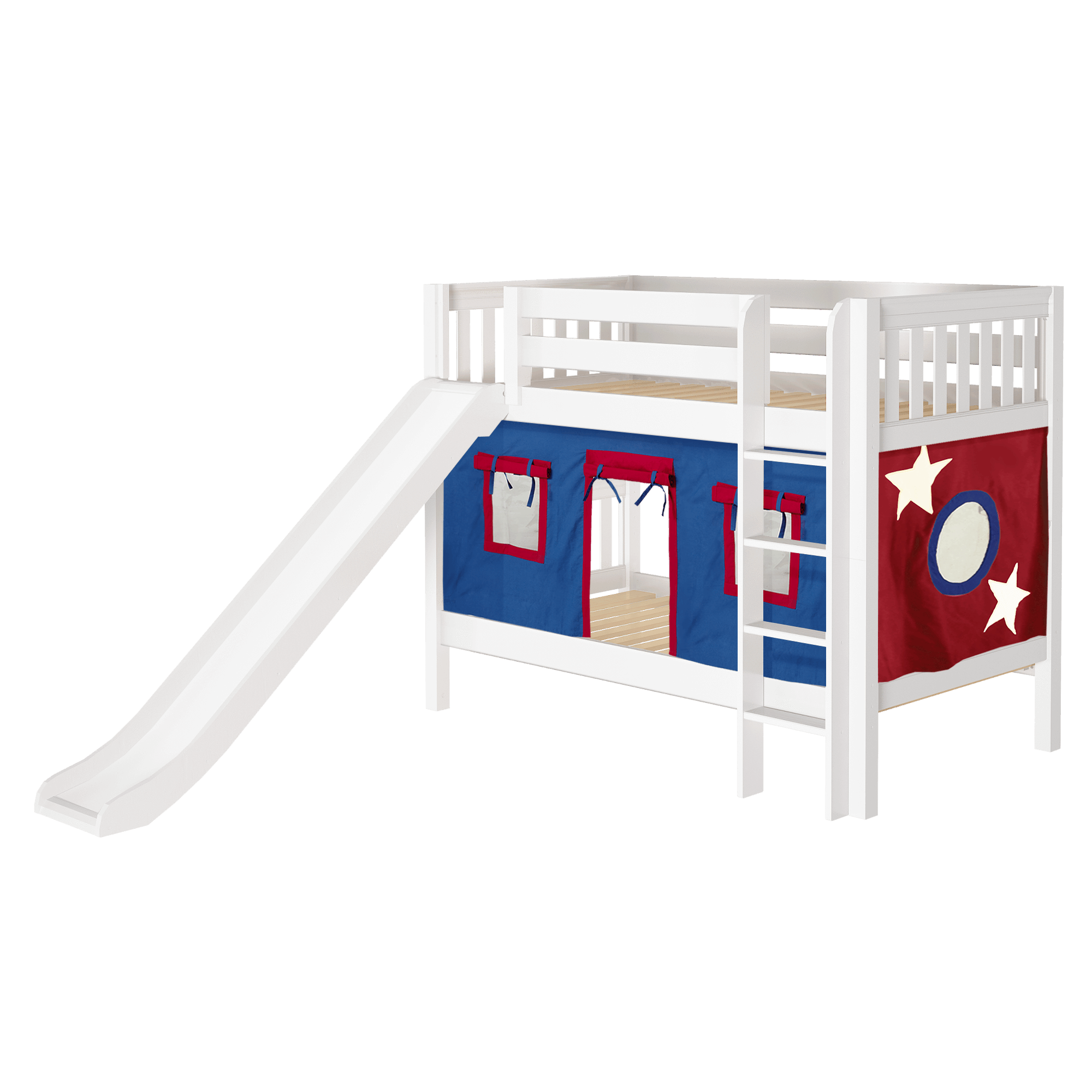 Maxtrix Twin Low Bunk Bed with Straight Ladder, Curtain + Slide