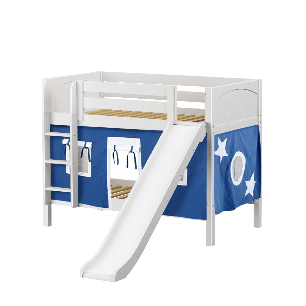 Maxtrix Twin Low Bunk Bed with Straight Ladder, Curtain + Slide